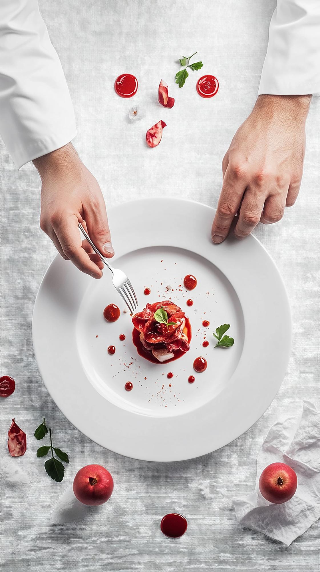 chef arranging plated dish on modern table